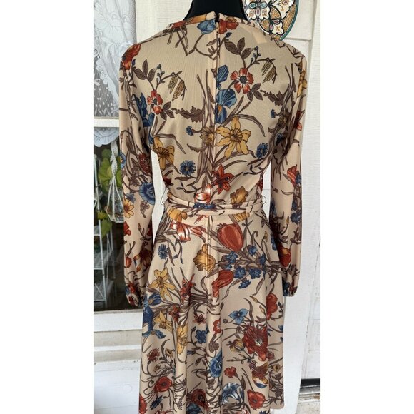 Vintage 70's Sears MOD Big Floral Belted Dress Beige Blue Size 10 - Picture 2 of 12